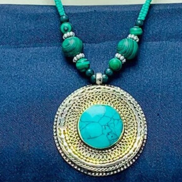 Turquoise Beaded Pendant Necklace, Ethnic Tribal Light Weight Necklace, Chunky - Picture 7 of 9